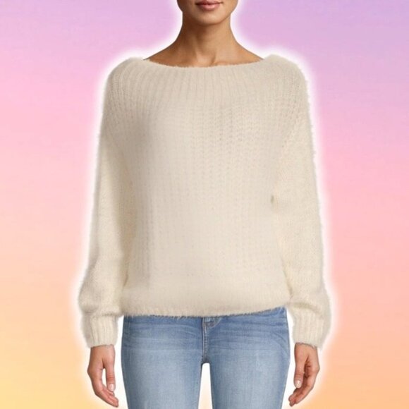 DREAMERS Fuzzy Off The Shoulder Sweater Sz Medium / Large Cream - Picture 1 of 4